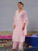 Baby pink modal silk chikankari embroidered festive kurti set
