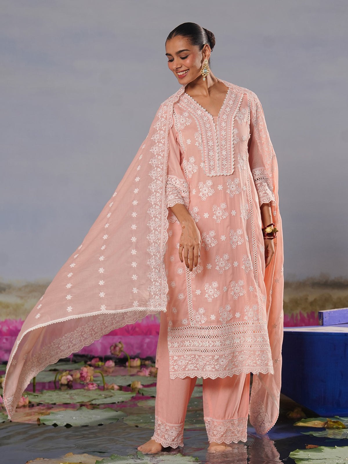 Peach modal silk chikankari embroidered festive kurti set