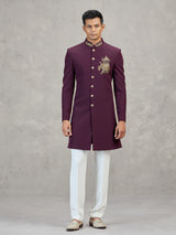 Maroon terry rayon embellished festive indowestern set