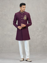 Maroon terry rayon embellished festive indowestern set