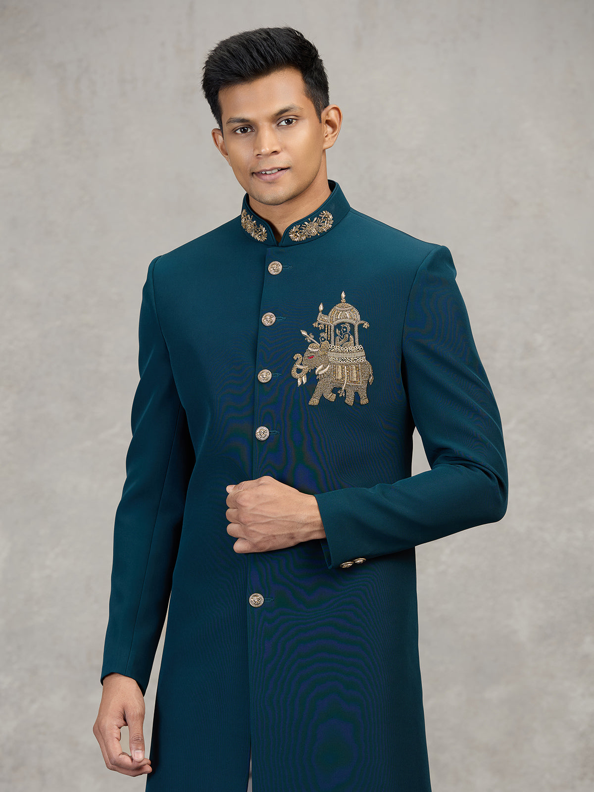 Teal blue terry rayon modern designer indowestern set