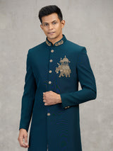 Teal blue terry rayon modern designer indowestern set