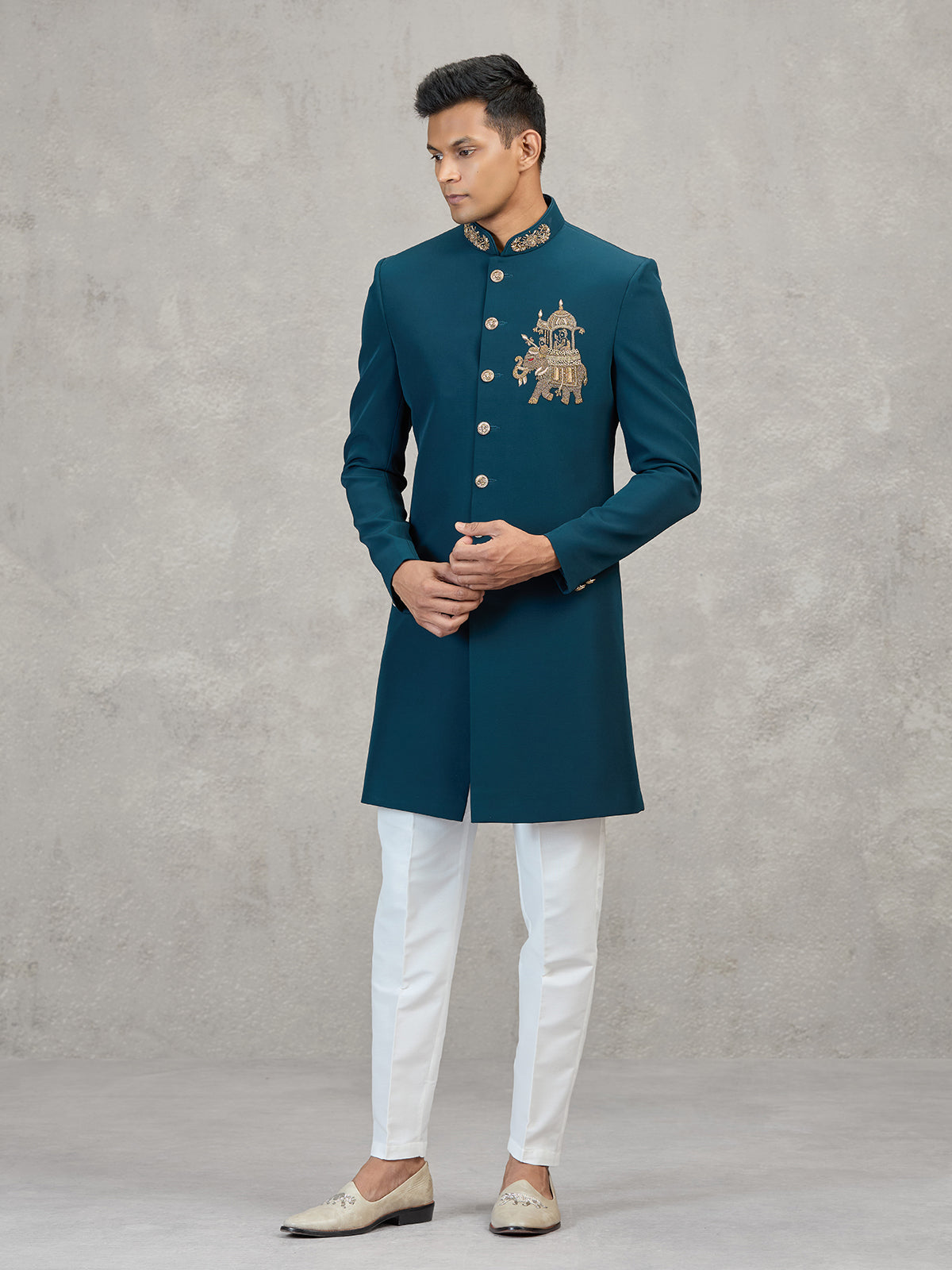 Teal blue terry rayon modern designer indowestern set