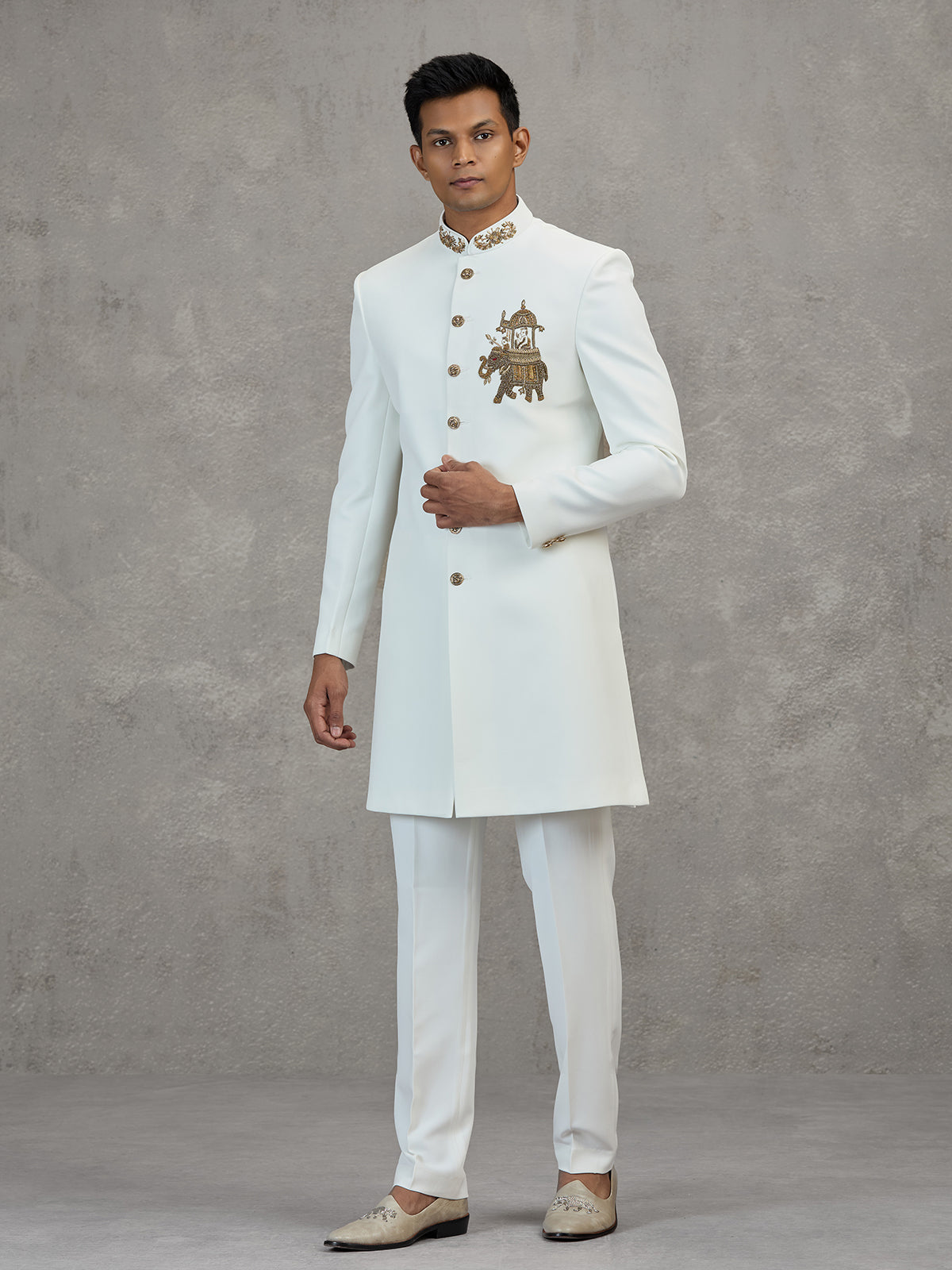 White terry rayon elegant wedding indowestern ensemble