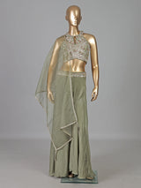Pista green satin silk pearl festive palazzo suit