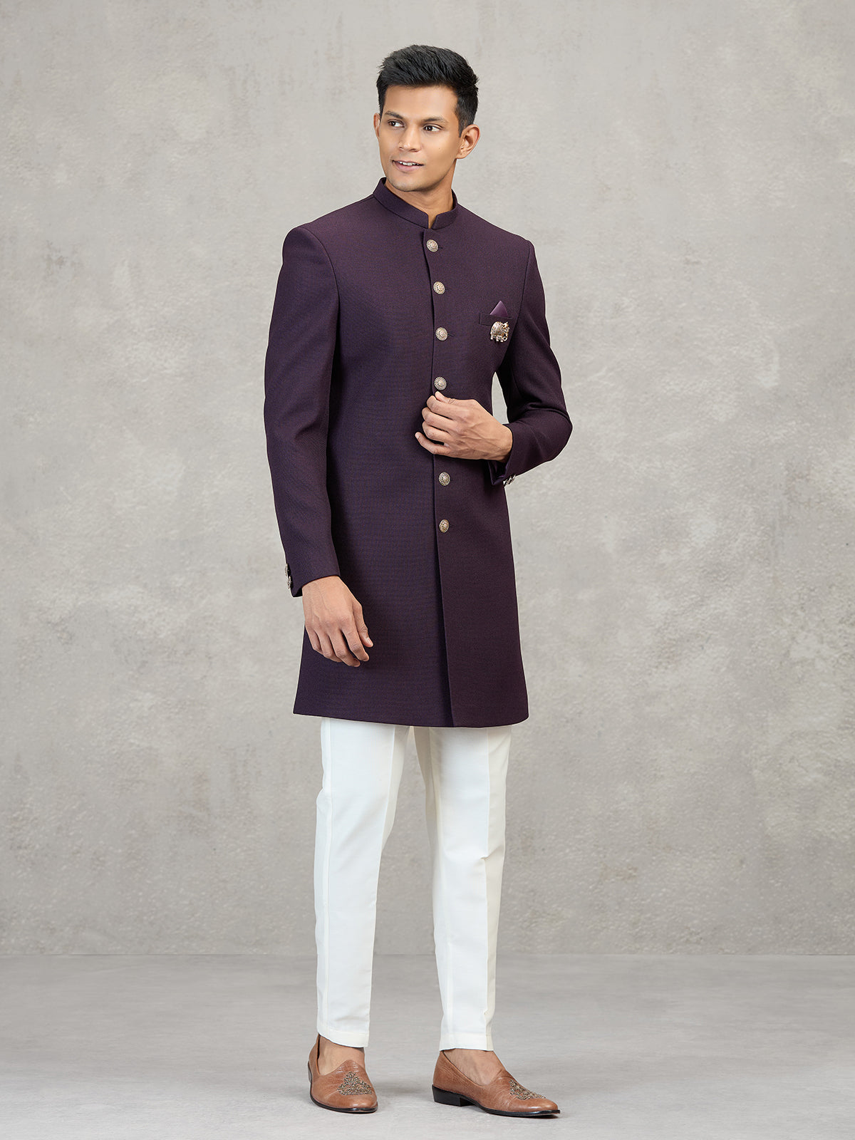 Wine jute elephant brooch occasion wear indowestern set