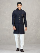 Navy blue jute elephant brooch celebration indowestern set