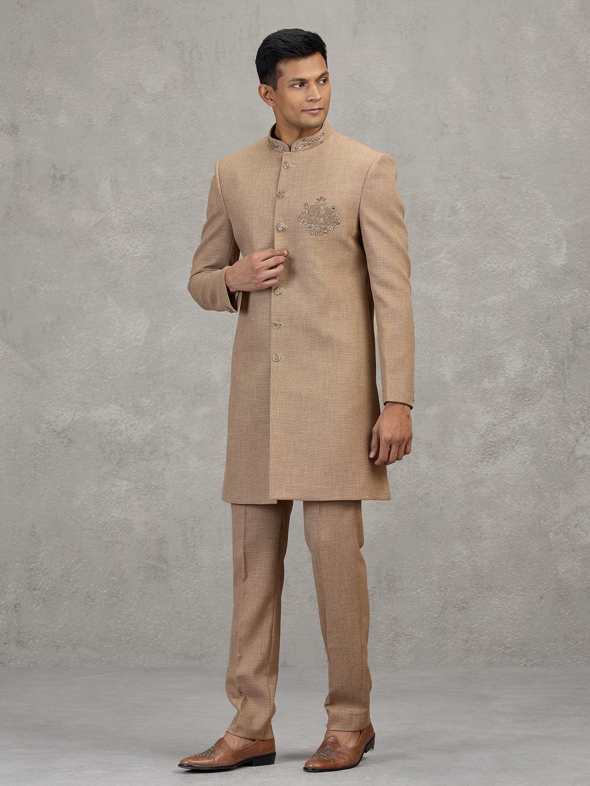 Gold jute elephant motif luxurious wedding indowestern set