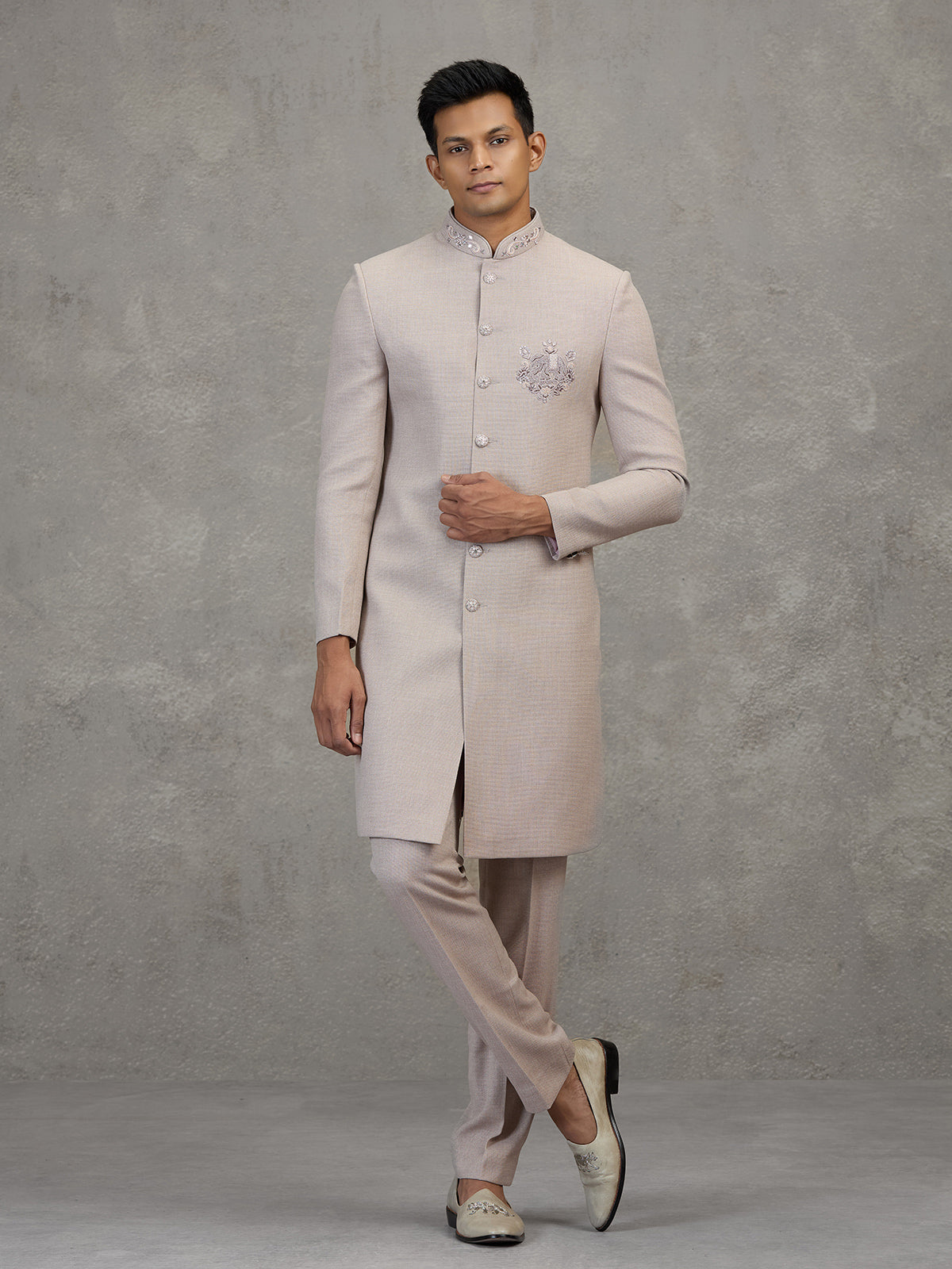 Peach jute elephant motif soft designer indowestern set