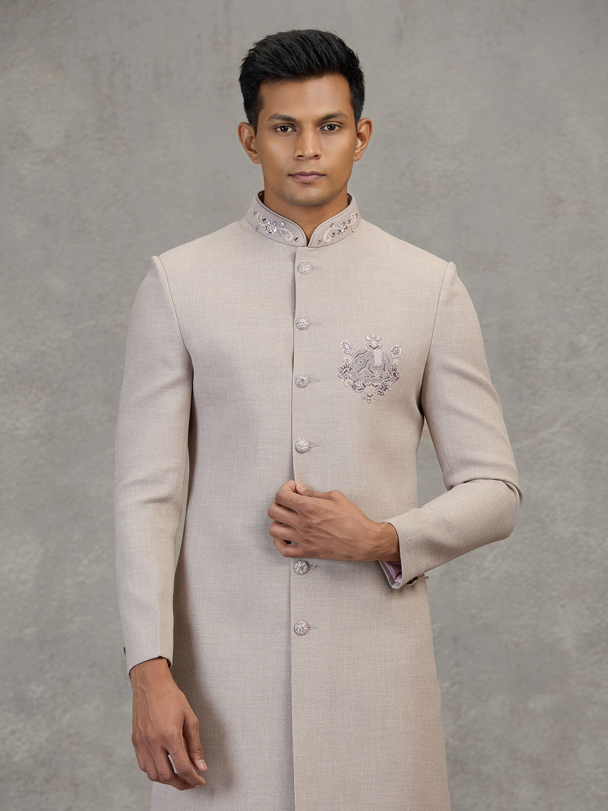 Peach jute elephant motif soft designer indowestern set