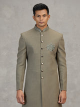 Olive jute elephant motif unique festive indowestern set