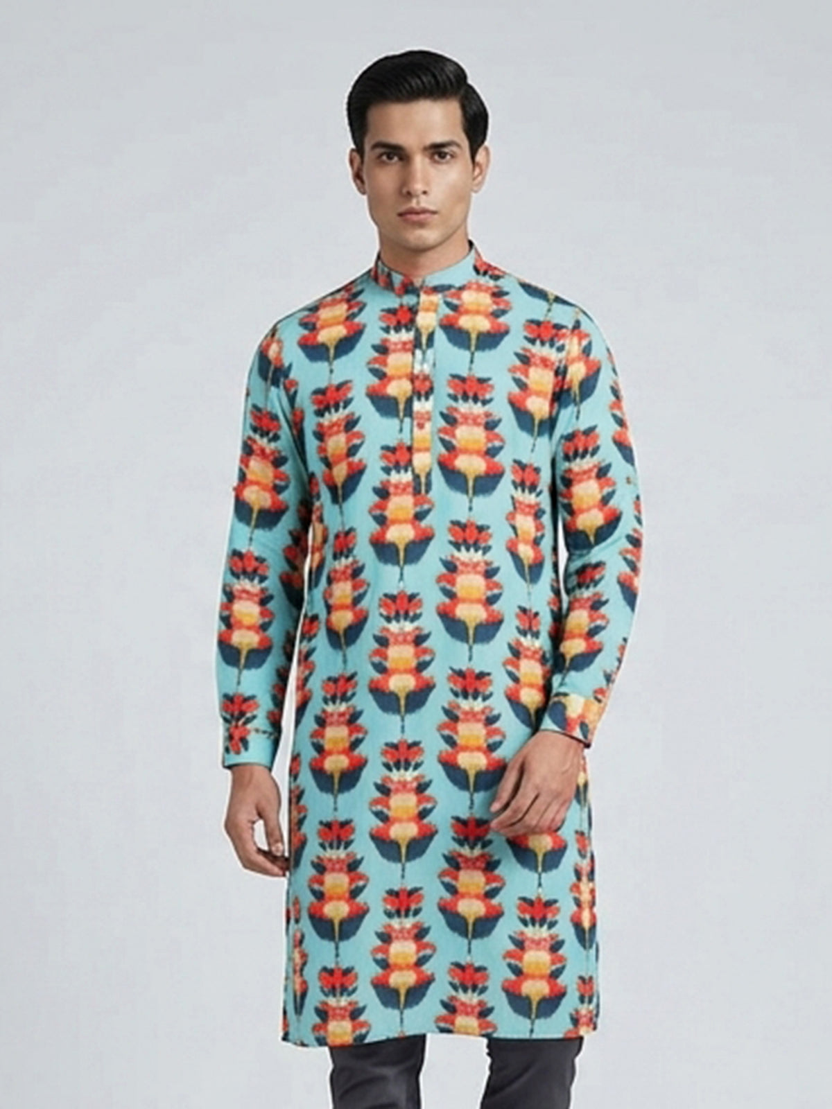 Sky blue cotton kurta with beautiful print for men