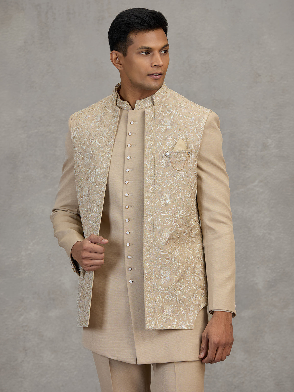 Gold terry rayon indowestern set with embroidery
