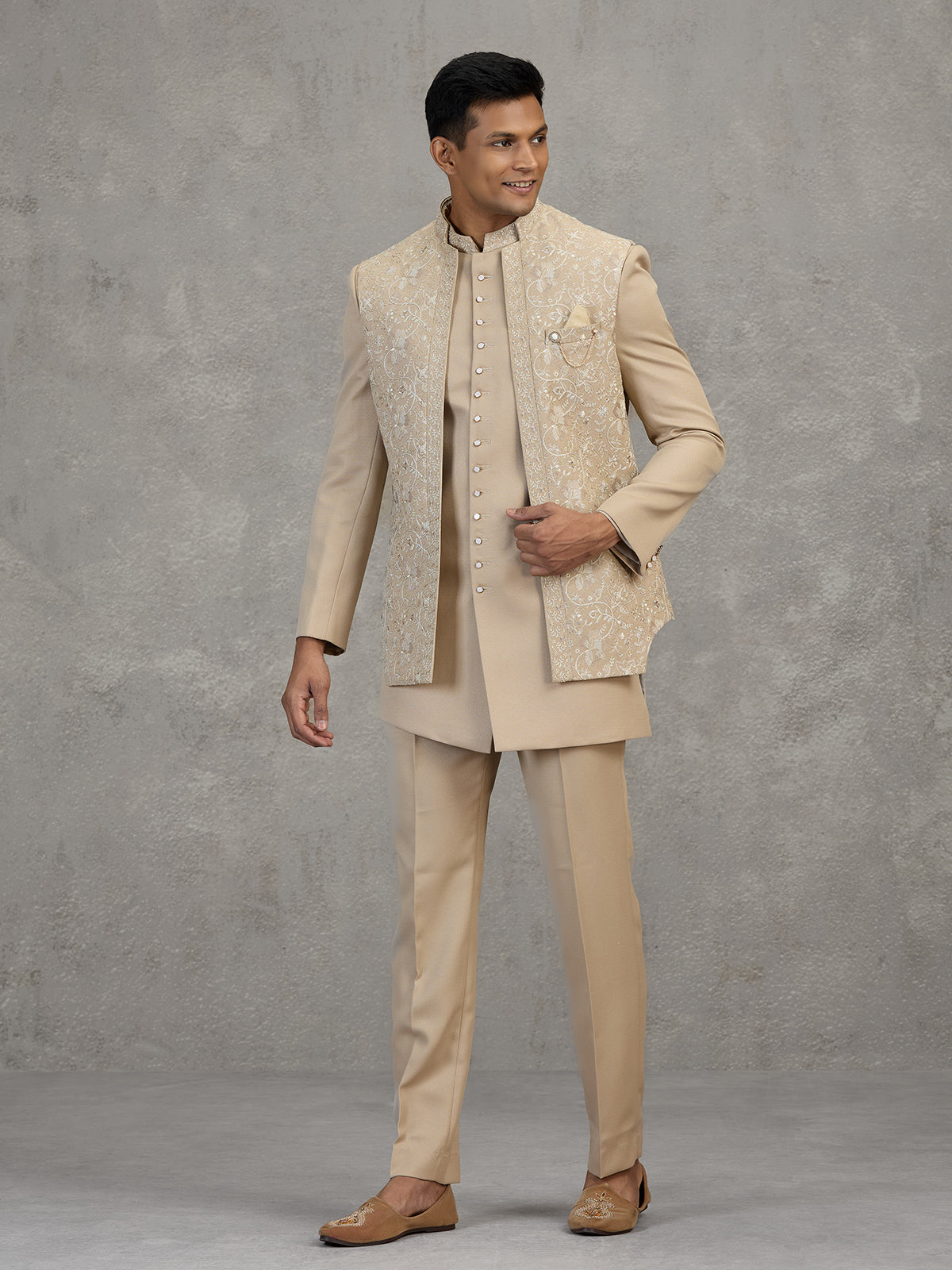 Gold terry rayon indowestern set with embroidery