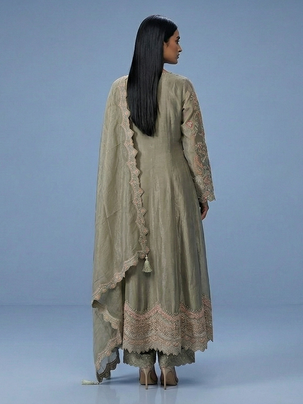 Pista green chiffon anarkali zardosi work festive suit