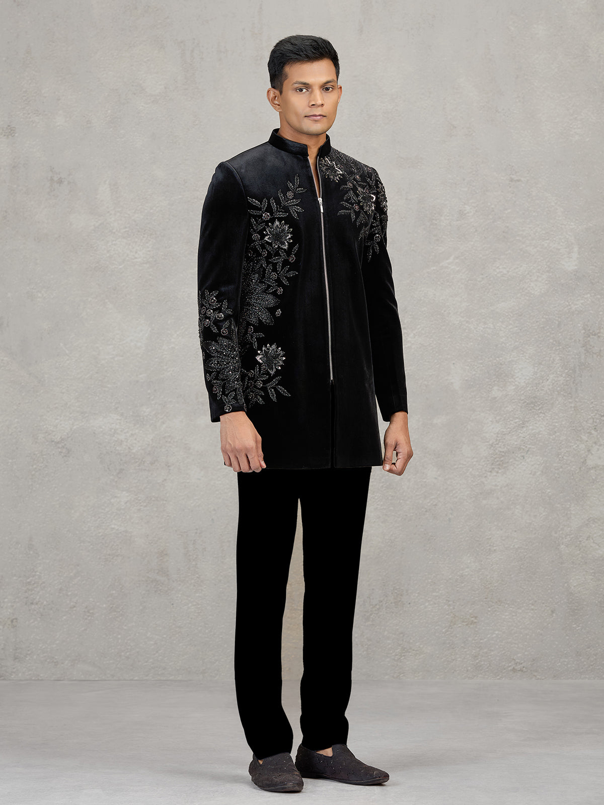Black velvet indowestern set for reception wear