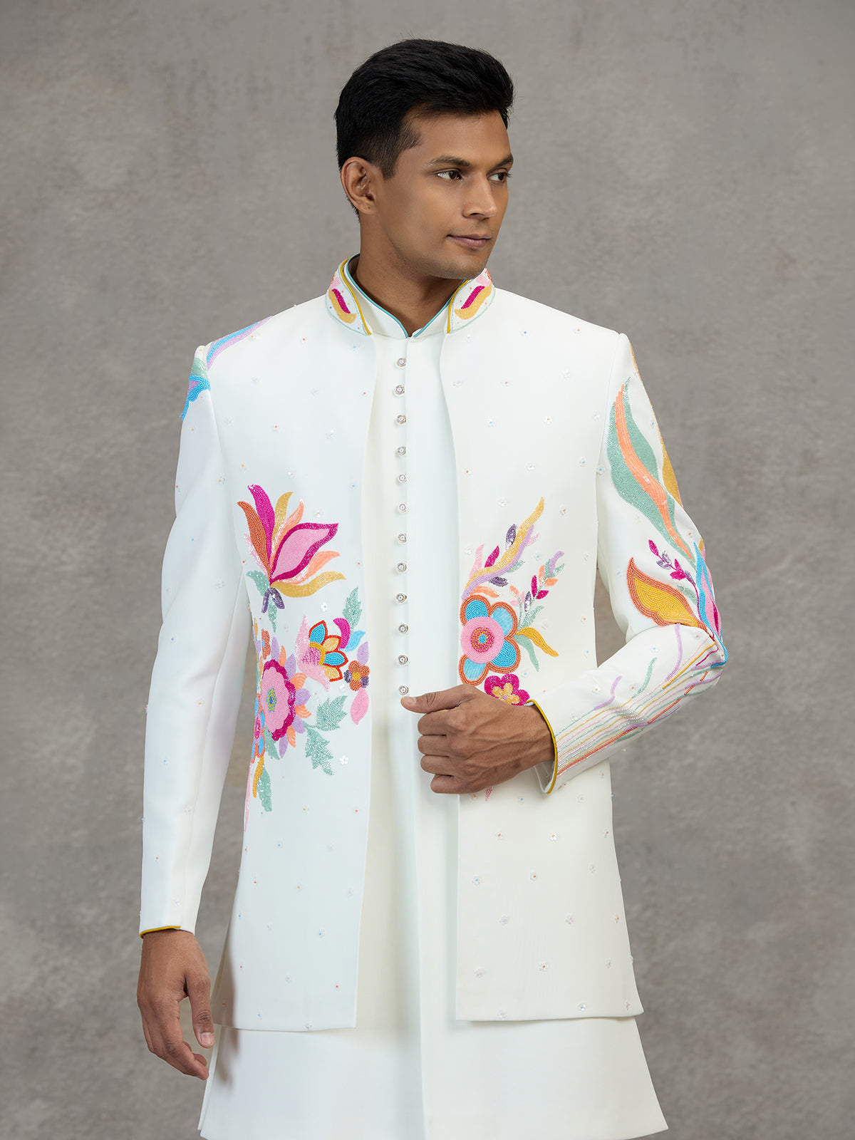 White terry rayon carnival style embellished indowestern set