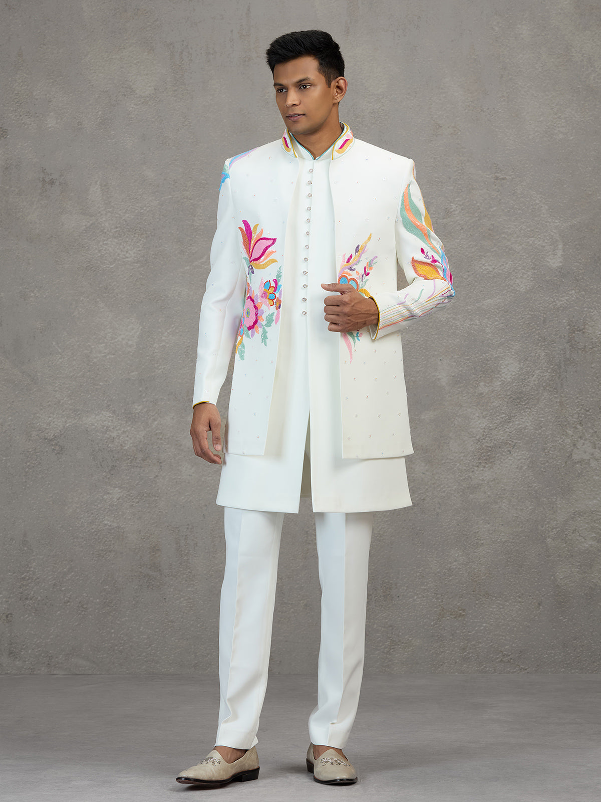 White terry rayon carnival style embellished indowestern set
