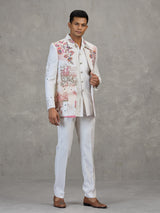 Off white linen carnival printed style indowestern set