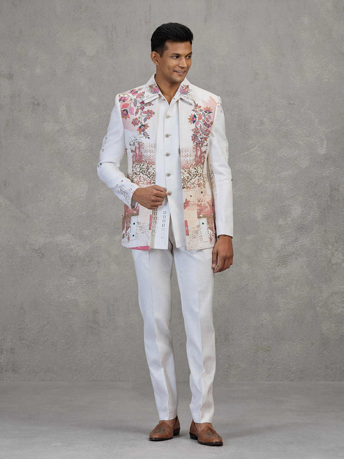 Off white linen carnival printed style indowestern set