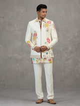 Cream jacquard carnival printed style indowestern set