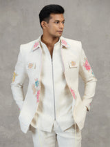 Off white linen designer carnival style indowestern set