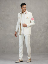 Off white linen designer carnival style indowestern set