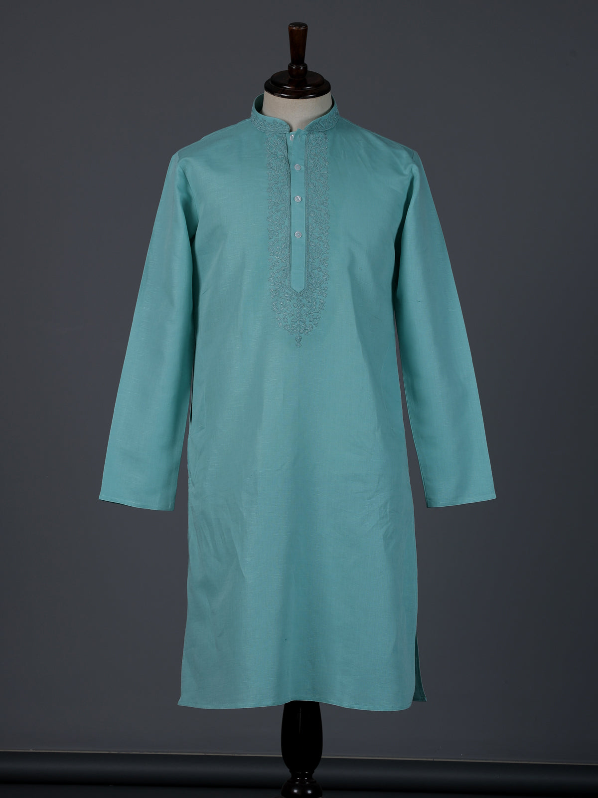 Aqua blue cotton linen thread work festive kurta suit