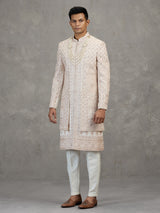 Cream layered satin silk sherwani for mens