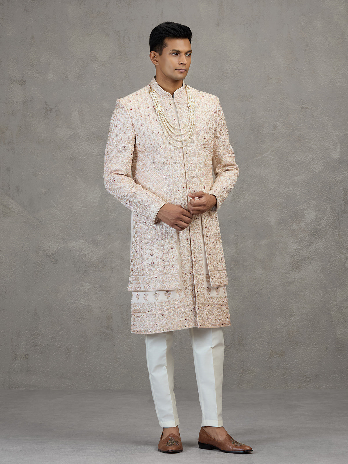 Cream layered satin silk sherwani for mens