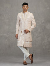 Cream layered satin silk sherwani for mens