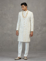 Off white satin silk sherwani with resham detailing