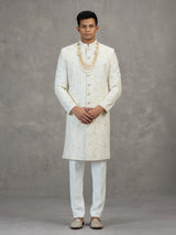 Off white satin silk sherwani with resham detailing
