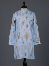 Mint blue linen floral printed festive kurta suit
