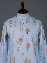 Mint blue linen floral printed festive kurta suit