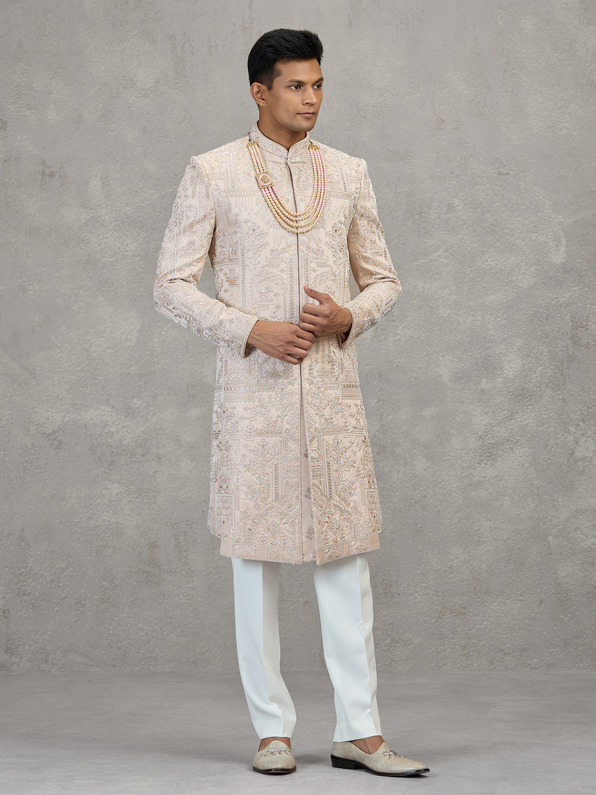 Light peach satin silk sherwani for men wedding wear