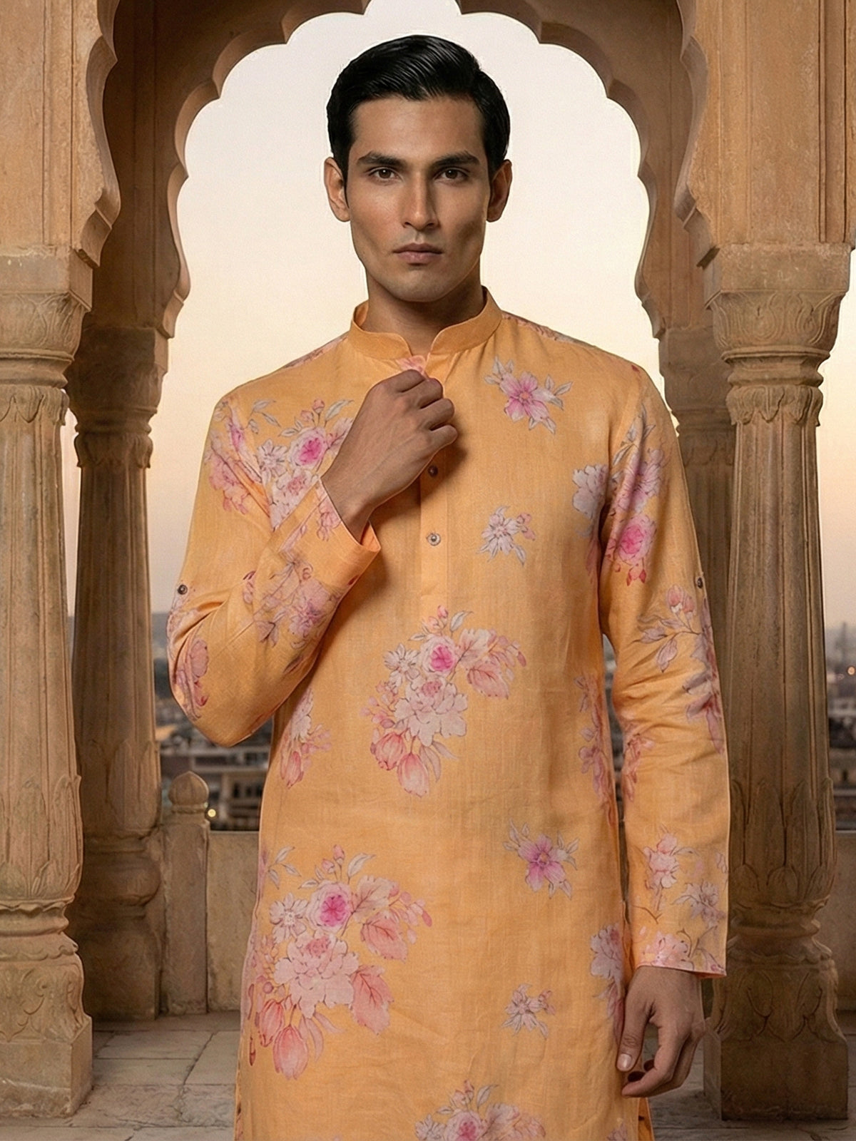 Bright peach linen floral printed designer kurta suit