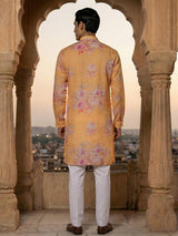 Bright peach linen floral printed designer kurta suit