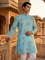 Aqua blue linen floral printed festive kurta suit