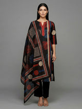 Black silk printed straight cut casual kurti set