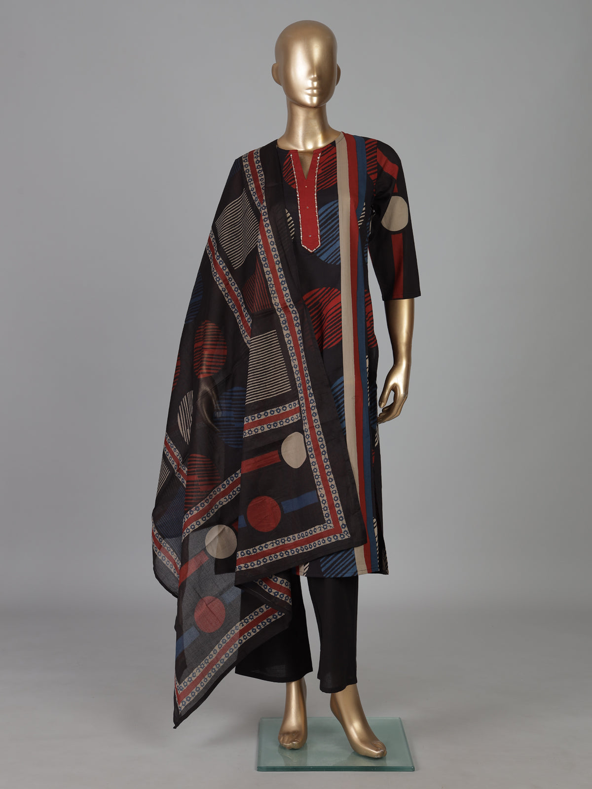 Black silk printed straight cut casual kurti set