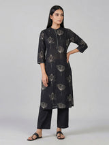 Black cotton silk printed stand collar casual kurti set