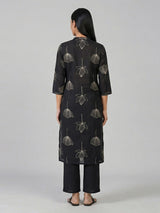Black cotton silk printed stand collar casual kurti set