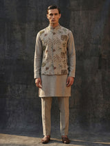 Grey cotton embroidered chinese collar waistcoat set