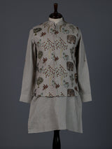 Grey cotton embroidered chinese collar waistcoat set