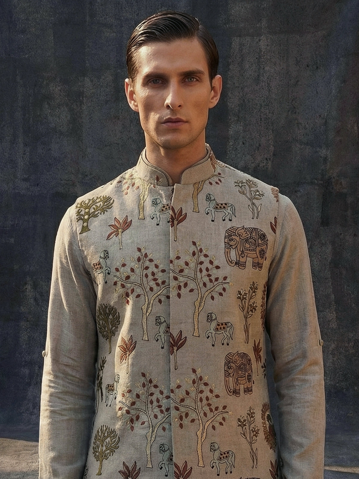 Grey cotton embroidered chinese collar waistcoat set