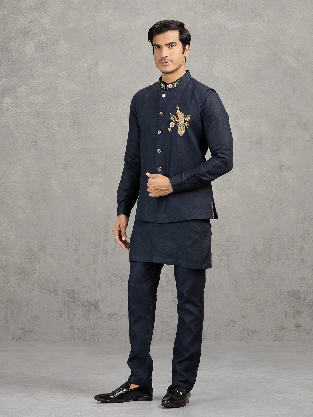 Navy blue festive linen waistcoat set