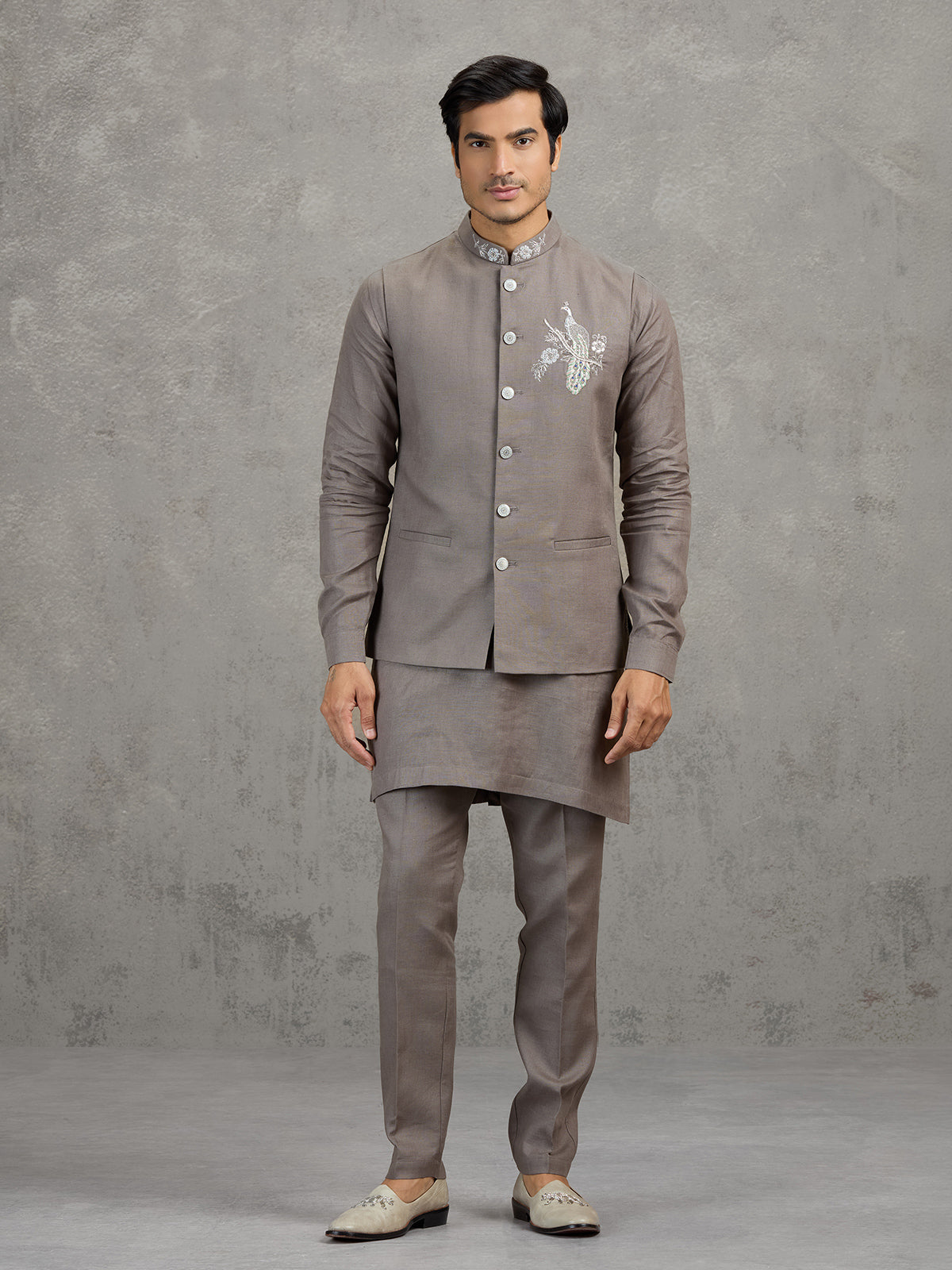 Cement grey linen waistcoat set for men