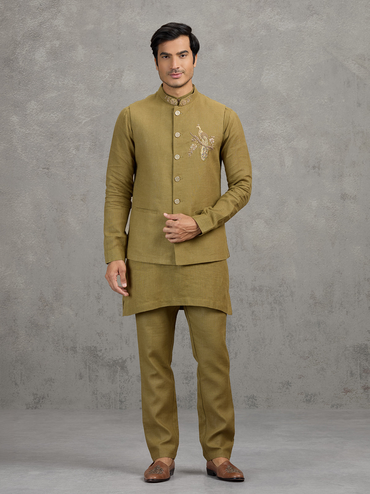 Mehendi green textured linen waistcoat set