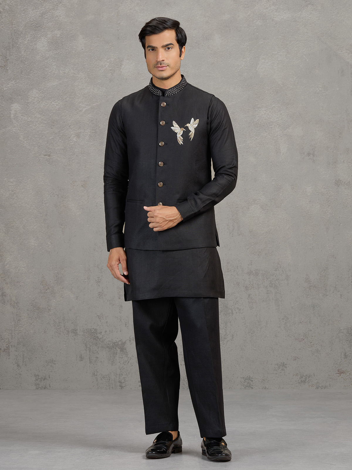 Black linen waistcoat set for wedding wear